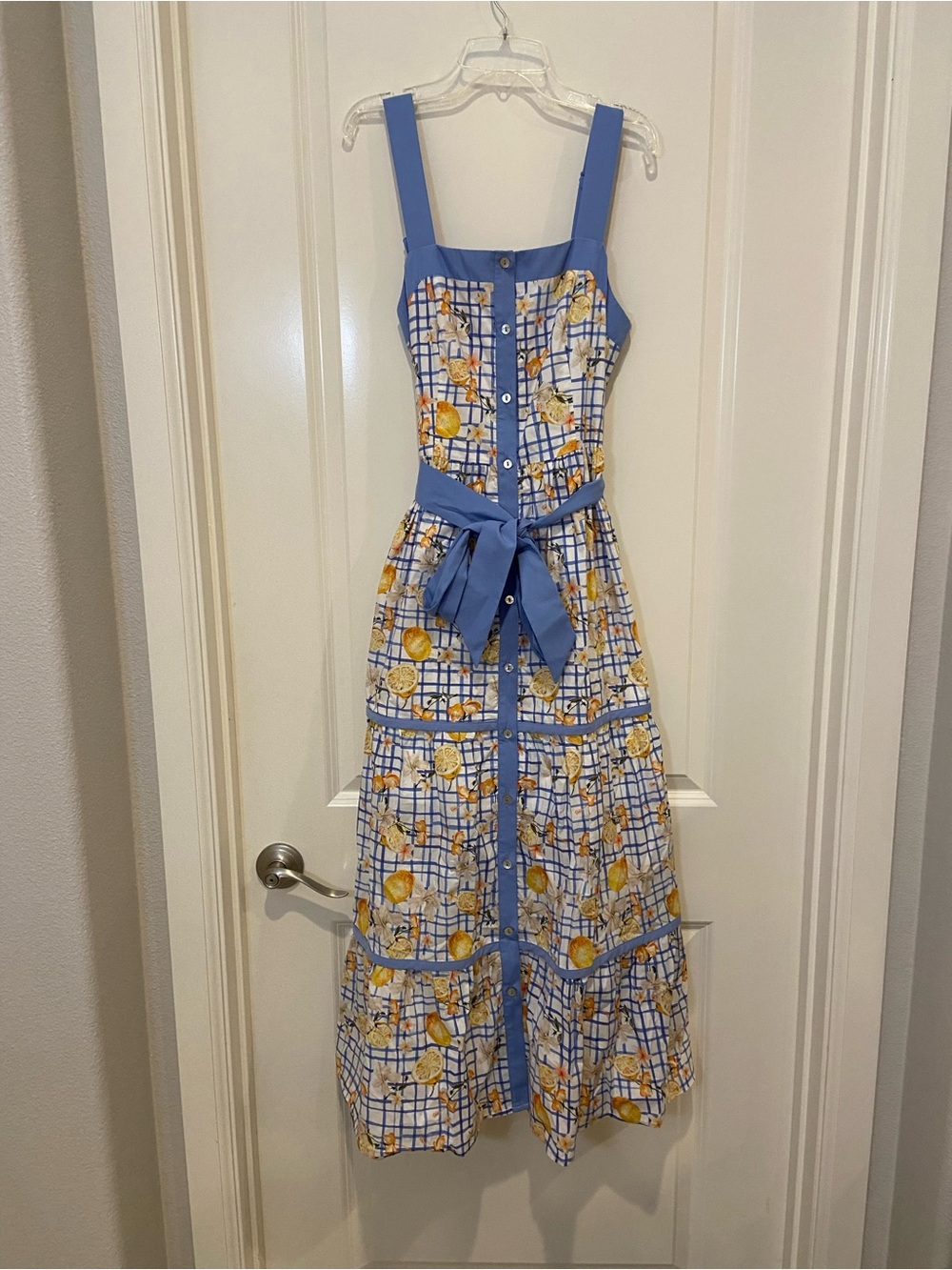 New Blue Gingham Lemon Print Bow Maxi Dress - Picture 5 of 9
